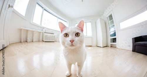 Wide angle photo with cat, who makin selfie on fisheye lens. Emotion headshot composition. Centered object. Natural light photo. Animal communication and social media concept. photo