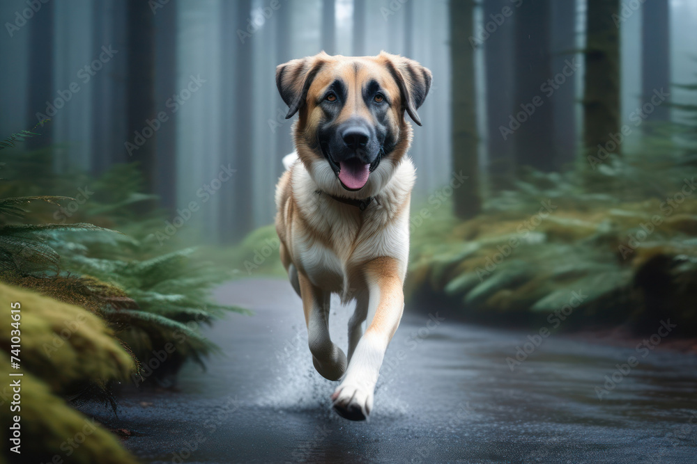 Obraz premium Anatolian Shepherd Dog running in the foggy forest