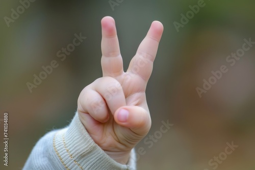 Child's hand demonstrates peace gesture with two fingers, generative AI