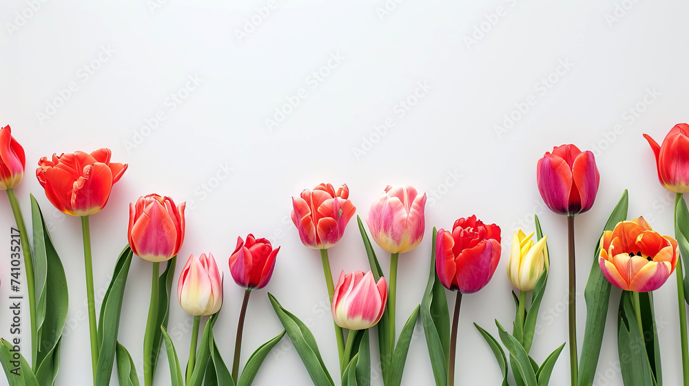 Spring tulip flowers on white background top view in flat lay style. Greeting for Mothers Day or Spring Sale Banner with space for text.