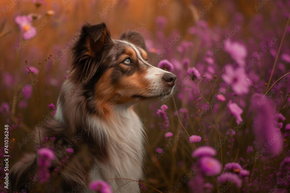 Portrait of a beautiful dog in the field of flowers. Portrait of a beautiful dog in the field of flowers.