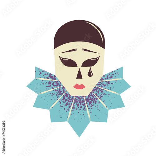 Venetian pierrot mask. Crying sad clown. Harlequin masquerade costume. Flat vector illustration isolated on white background.