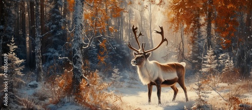 A deer with antlers stands gracefully in a snowy forest, blending into the natural landscape with its majestic presence