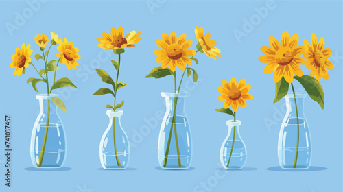 Yellow flower set bouquet. Glass vase with water.