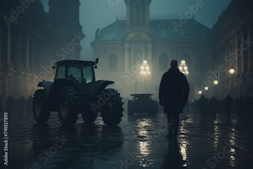 Farmers strike in city. People on strike protesting protests against tax increases, abolition of benefits by standing next to tractors on big city street © Emvats