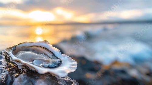 Gros plan sur une huitre fraîche au coucher du soleil en bord de mer » IA générative