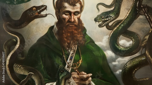A portrait of Saint Patrick surrounded by snakes
