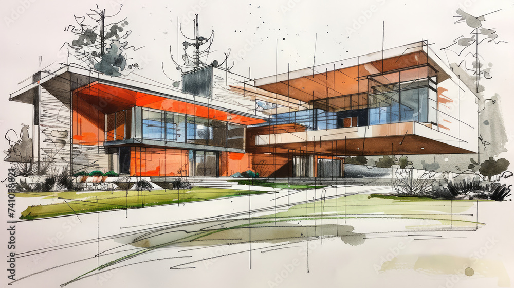 Generative AI, Contemporary architectural sketch with pencil and markers of a house facade, technical drawn background	
