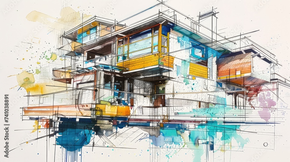 Generative AI, Contemporary architectural sketch with pencil and markers of a house facade, technical drawn background
Generative AI, Contemporary architectural sketch with pencil and markers of a house facade, technical drawn background