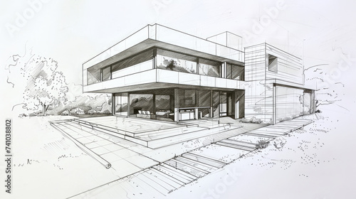 Generative AI, Contemporary architectural sketch with pencil and markers of a house facade, technical drawn background	
