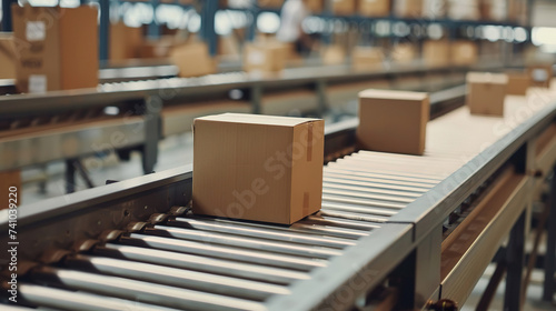 Cardboard boxes move on a conveyor belt in the warehouse's order processing center. Logistics and delivery of goods. Generated AI