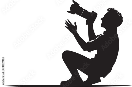 Photographer at Rest - Vector Silhouette of a Man Sitting and Capturing Moments, Graphic flat design drawing stylized male photographer of paparazzi taking photo with modern digital camera with angles