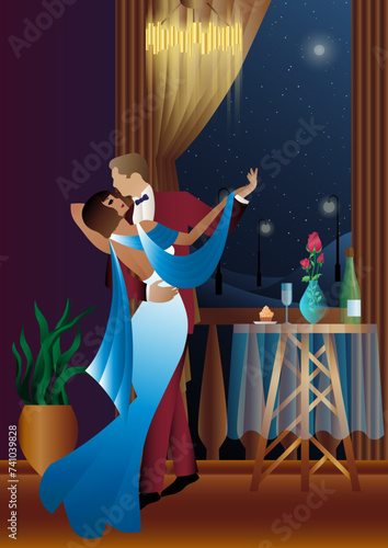 Man and woman dancing on the background of a balcony and lanterns, party, art deco, couple in retro style
