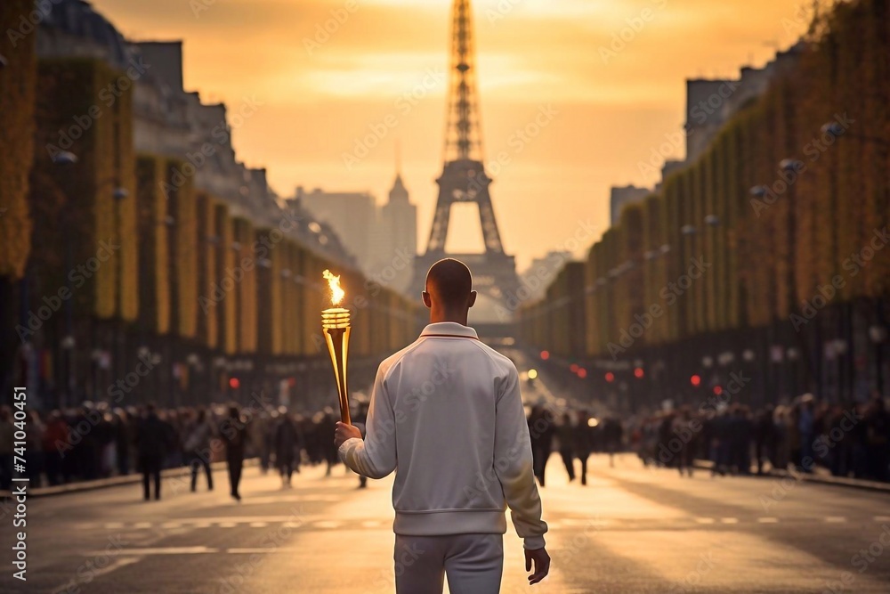 Rear view of a man in a white suit holding a torch on the street in front of the Eiffel Tower in Paris, France. - obrazy, fototapety, plakaty 