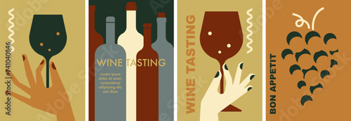 Wine tasting vector set in earthy tones. Collection of minimal vintage posters with bottle, glass of wine. Perfect background for restaurant menu, invitation for an event, festival, party, promotion photo