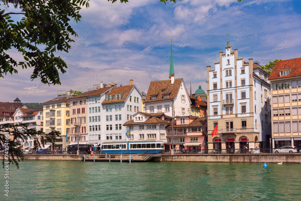 Old Town and river Limmat at sunset in Zurich, the largest city in Switzerland