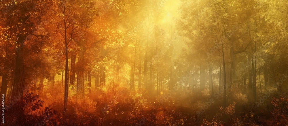 The atmosphere in the forest is filled with the amber glow of the sun shining through the trees, casting orange tints and shades on the plants and grass in the natural landscape