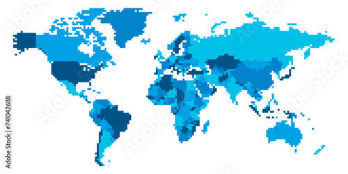 Fototapeta Naklejka Na Ścianę i Meble -  Pixelized Political World Map - pixel mosaic of squares. Four color scheme in blue. Vector illustration