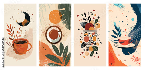 Modern abstract art prints with coffee and nature themes, vector illustrations for home decor