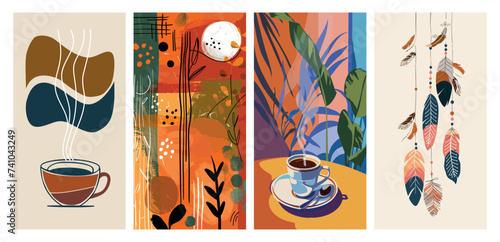 Set of four abstract and nature-inspired vector posters with warm tones