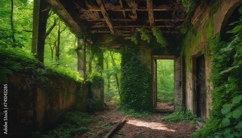 abandoned, nature, structure, forest, vines, trees, moss, decay, destruction, growth, wildlife, beauty, ruin, green, sunlight, resilience, neglect, illustration