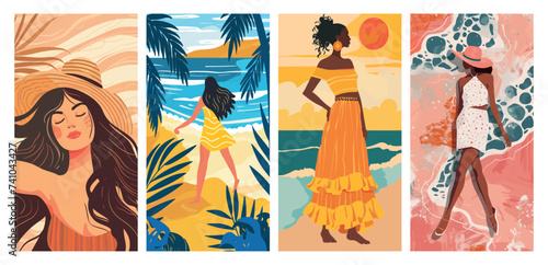 Summer vibes collection. Tropical illustrations of women enjoying the sun