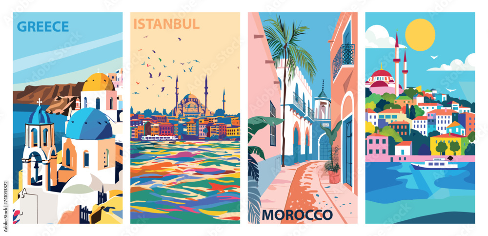 Obraz premium Set of colorful travel posters featuring greece, istanbul, and morocco