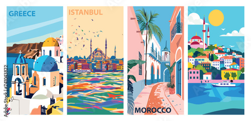 Set of colorful travel posters featuring greece, istanbul, and morocco