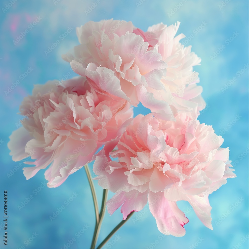 Flowers of delicate light pink spring peonies on a branch on a blue background for birthday holiday, international women's day, mother's day