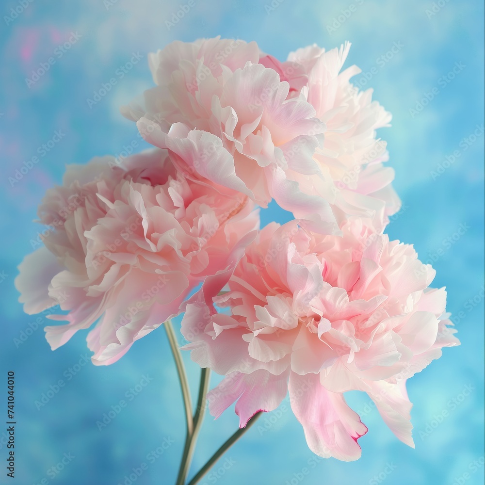 Flowers of delicate light pink spring peonies on a branch on a blue background for birthday holiday, international women's day, mother's day Flowers of delicate light pink spring peonies on a branch on a blue background for birthday holiday, international women's day, mother's day