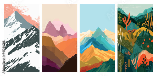 Set of four vector mountain landscapes - artistic poster designs photo