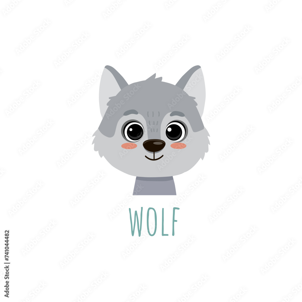 cute cartoon wolf. Animal in flat style. Wolf cub face for cards,magazins,banners. Vector illustration cute cartoon wolf. Animal in flat style. Wolf cub face for cards,magazins,banners. Vector illustration