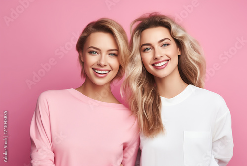 portrait of two smiling women on the pink background photo