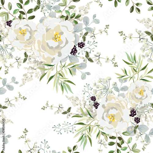 Rose flowers, green leaves, blackberries, white background. Floral illustration. Vector seamless pattern. Botanical design. Nature garden plants. Summer bouquets