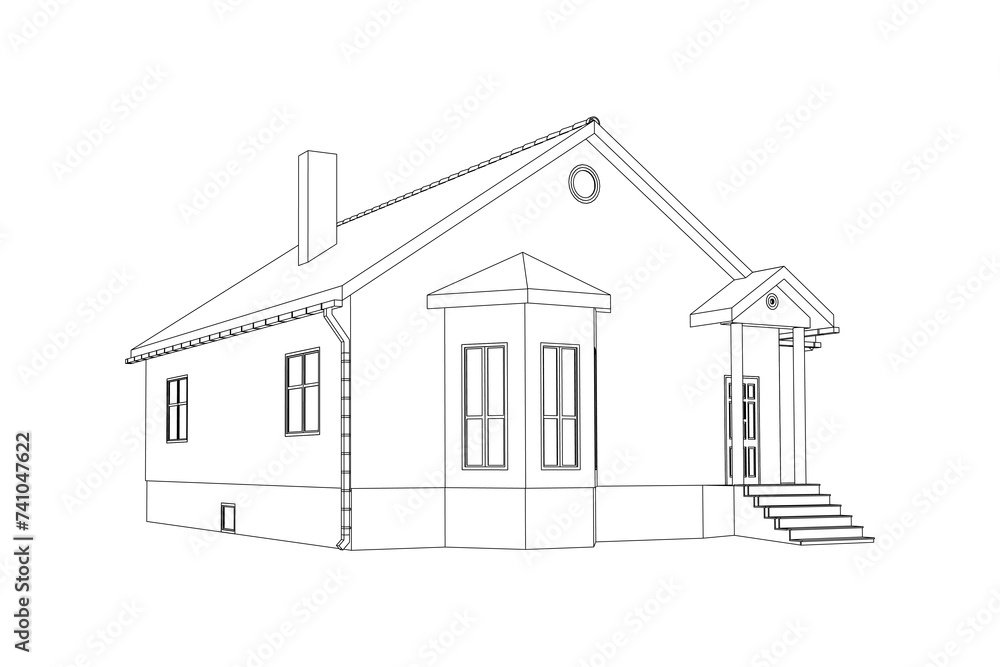3D suburban house model. Drawing of the modern building. Cottage project on white background. Vector elevaitions blueprint.