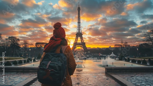 A mesmerizing sunset illuminates a woman gazing at the majestic eiffel tower, its reflection dancing on the tranquil waters as the city awakens to a new day © ChaoticMind