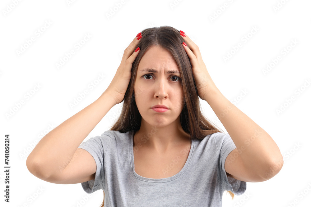 Displeased young woman with dandruff on white background Displeased young woman with dandruff on white background