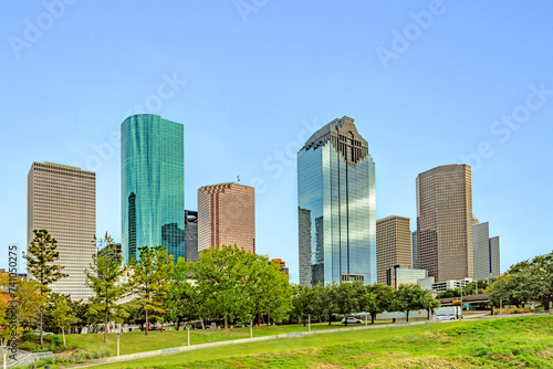 skyline of Houston  Texas in morning light seen from Buffalo bayou park