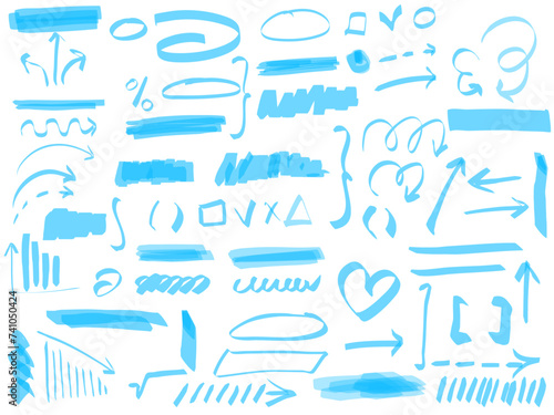 Blue hand drawn highlighter set. Vector hand drawn graphic stylish elements. Marker pen highlight underline strokes.	