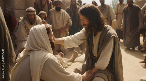 Jesus healing a blind man by touching his eyes. Biblical Series.