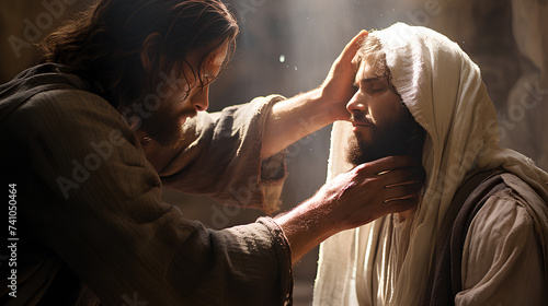 Jesus healing a blind man by touching his eyes. Biblical Series. © Tanuha