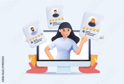 Remote hiring and online job interview with CV research tiny person 3D concept. 3D human resources work with distant
