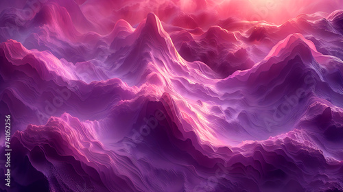 3d render of abstract art 3d background surreal landscape with big fantasy magic mountains with neon glowing blue purple and red gradient color light inside © Katie
