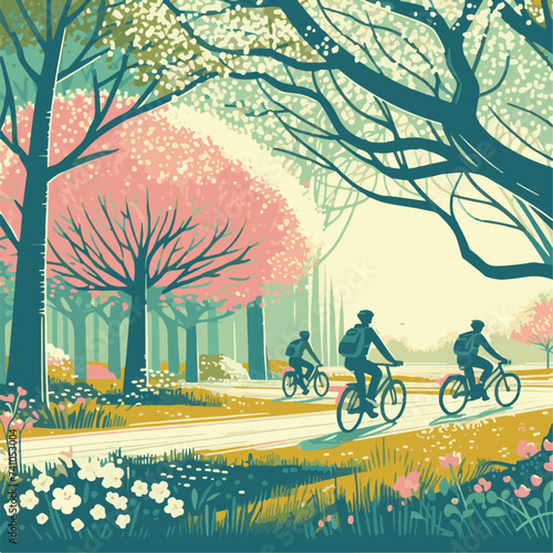 Vector illustration of people cycling in the park in springtime. 