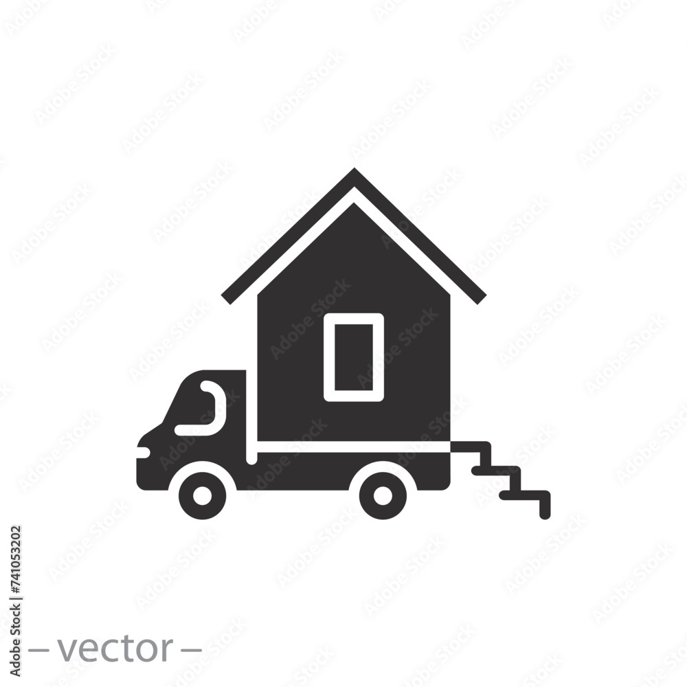 car for home icon, motorhome, house on wheels, camper van, flat symbol on white background - vector illustration
