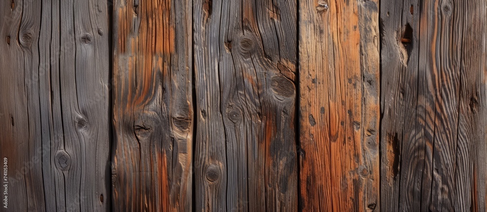 A detailed shot showcasing the intricate pattern of brown hardwood planks in a wooden fence, enhanced by varnish and wood stain, against a blurred background A detailed shot showcasing the intricate pattern of brown hardwood planks in a wooden fence, enhanced by varnish and wood stain, against a blurred background