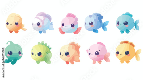 Fish icon set. Cute kawaii cartoon funny baby 