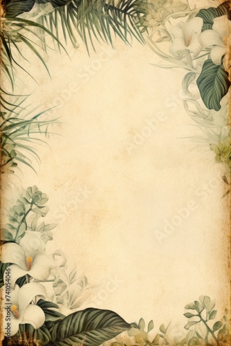 Elegant vintage paper texture with floral border design featuring tropical leaves and white flowers.