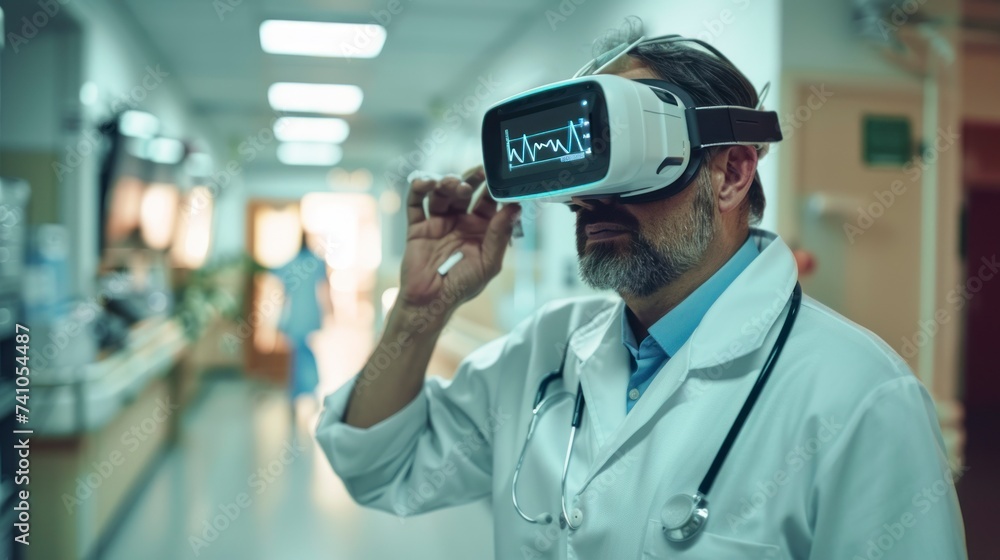 doctor in a gown with virtual reality glasses in a hospital in the emergency room in a day medical center doctor in a gown with virtual reality glasses in a hospital in the emergency room in a day medical center