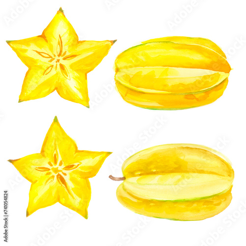 Fresh ripe sliced and whole carambola - star fruit. Tropical fruit watercolor illustration
